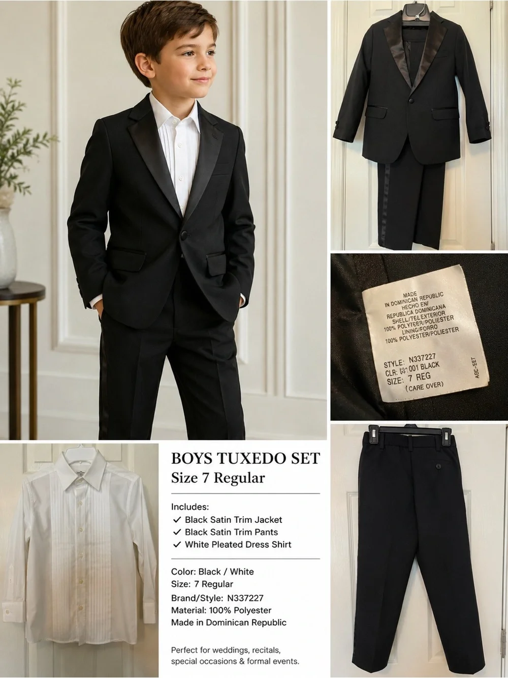 Nautica Boys Black Tuxedo Suit Set Size 7 Satin Trim Formal Wedding